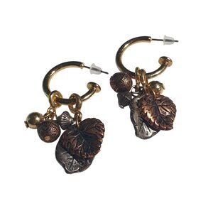 Vintage Gold Brass Hoop Earring Copper Silver Leaf Ball Charms Retro Fall Design
